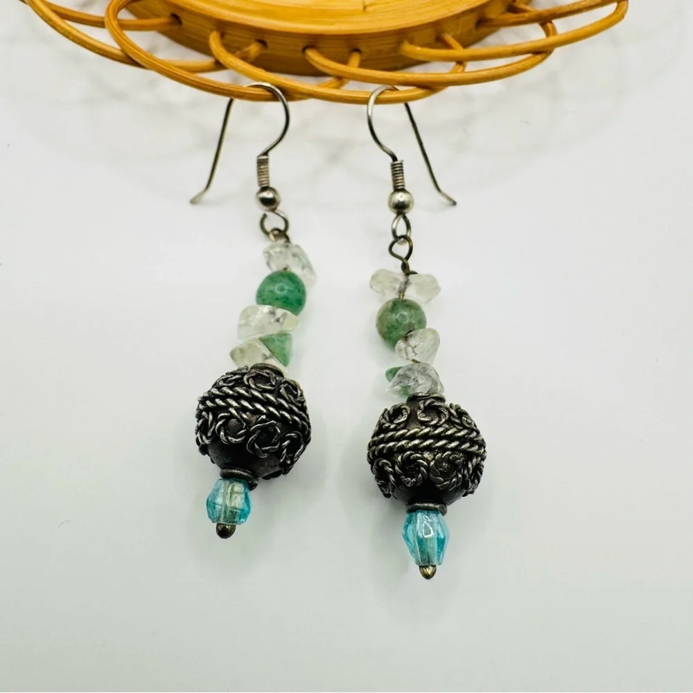 Green Stone & Quartz Dangle Earrings | Oxidized Silver Beads Artisan Boho Style